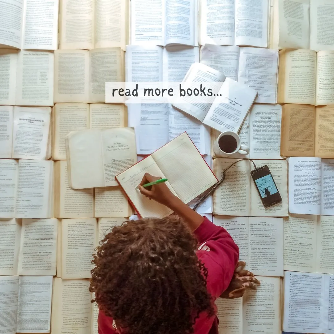 a girl with books around her