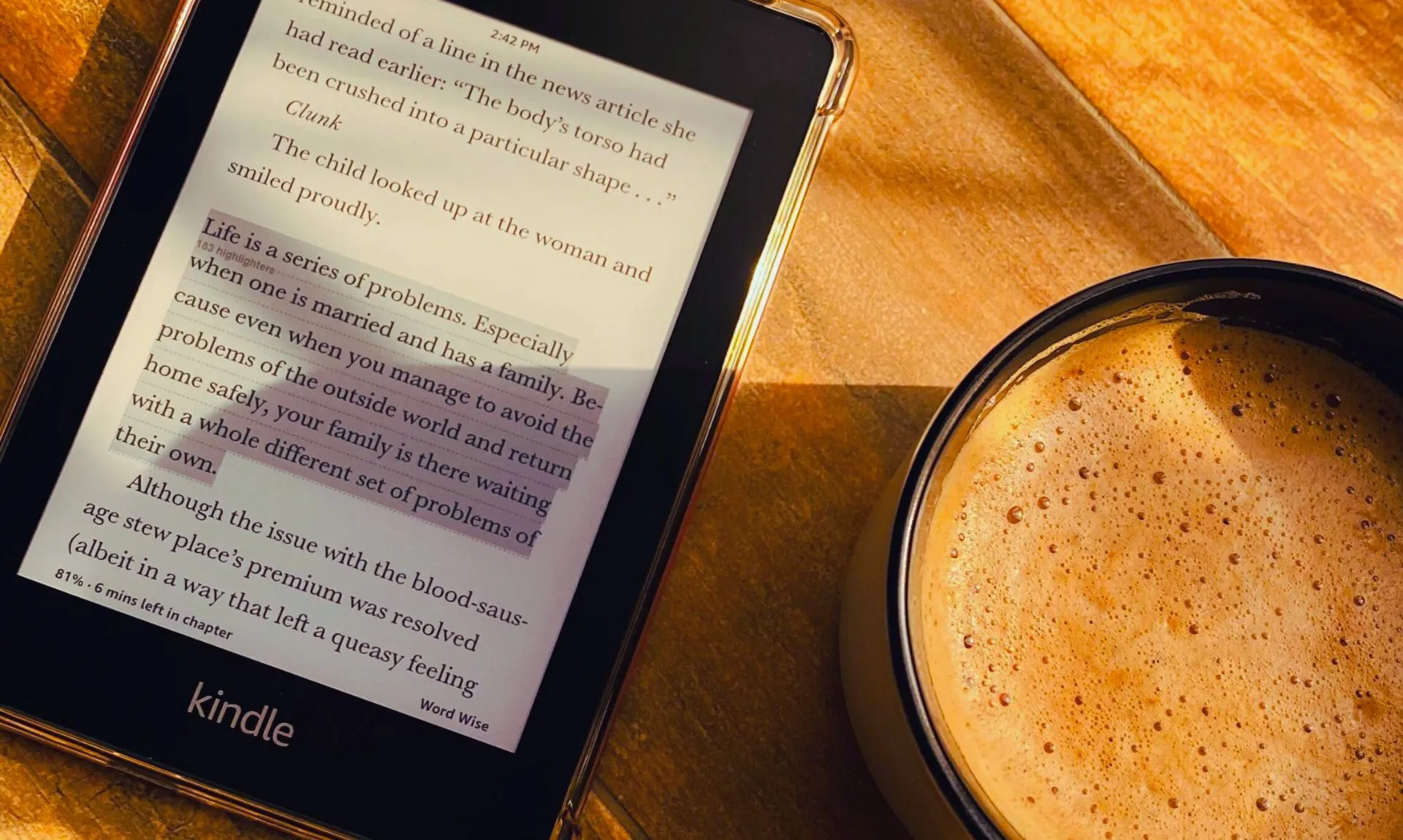 quote of curesed bunny on kindle with the cup coffee