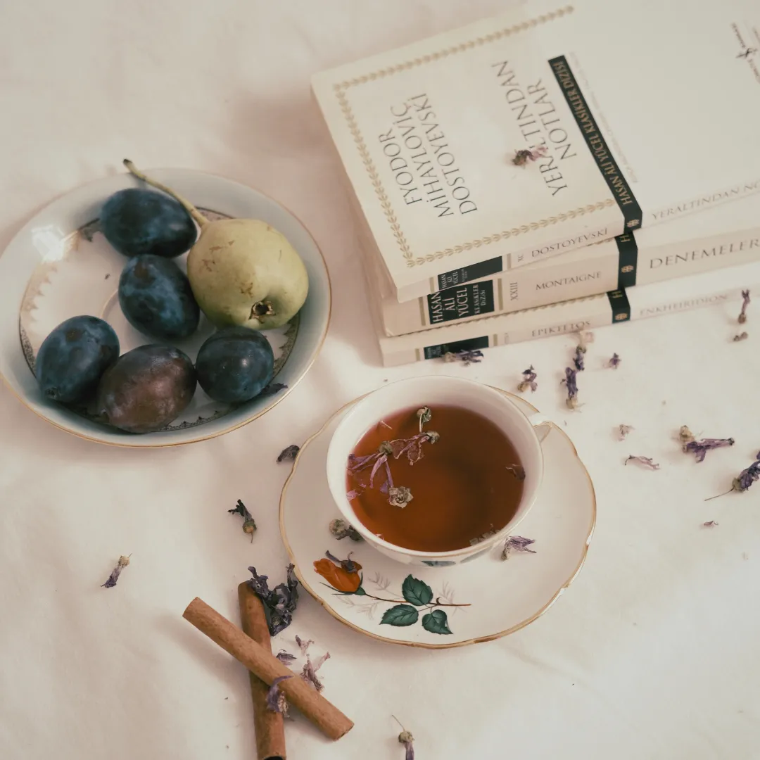 Fyodor Dostoevsky books with a cup of tea and reading aesthetic props