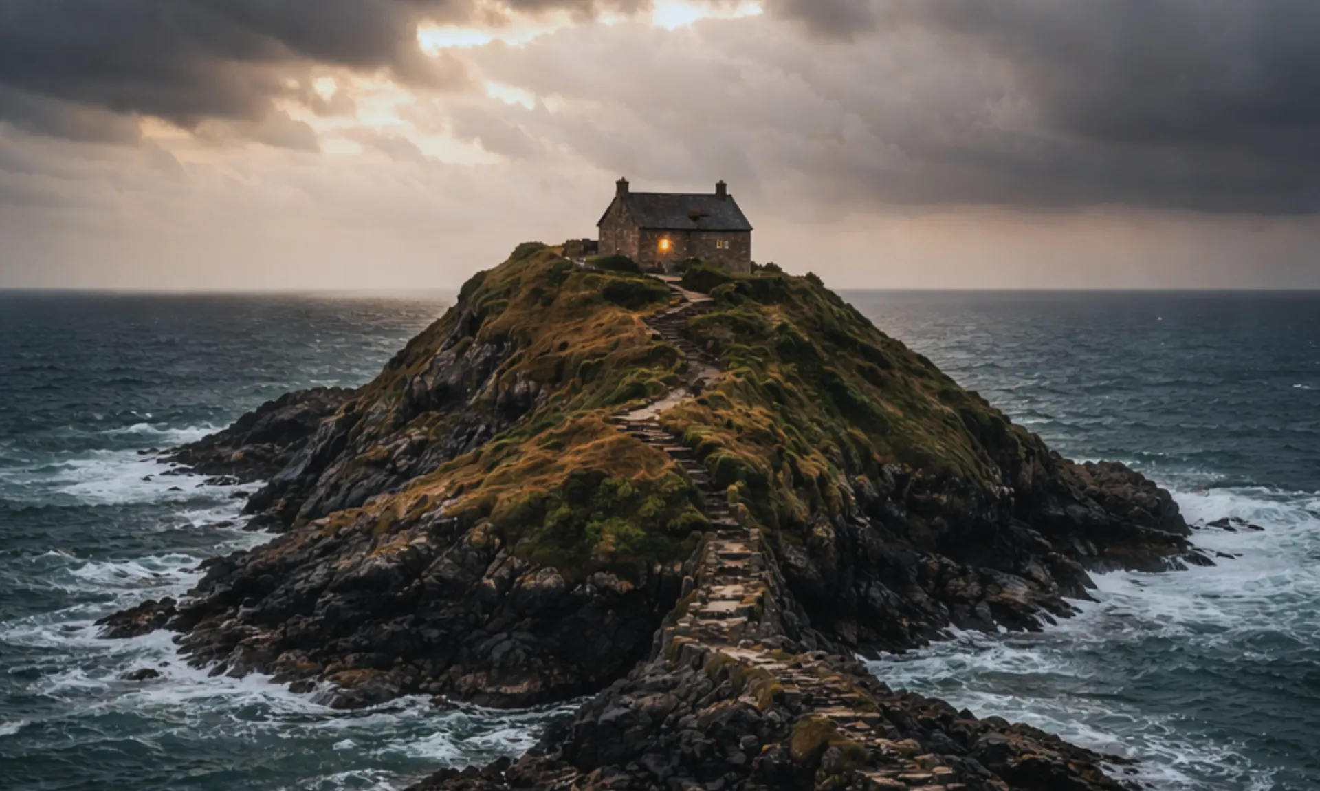 Lonely rocky island with a small house surrounded by stormy ocean under dramatic cloudy sky