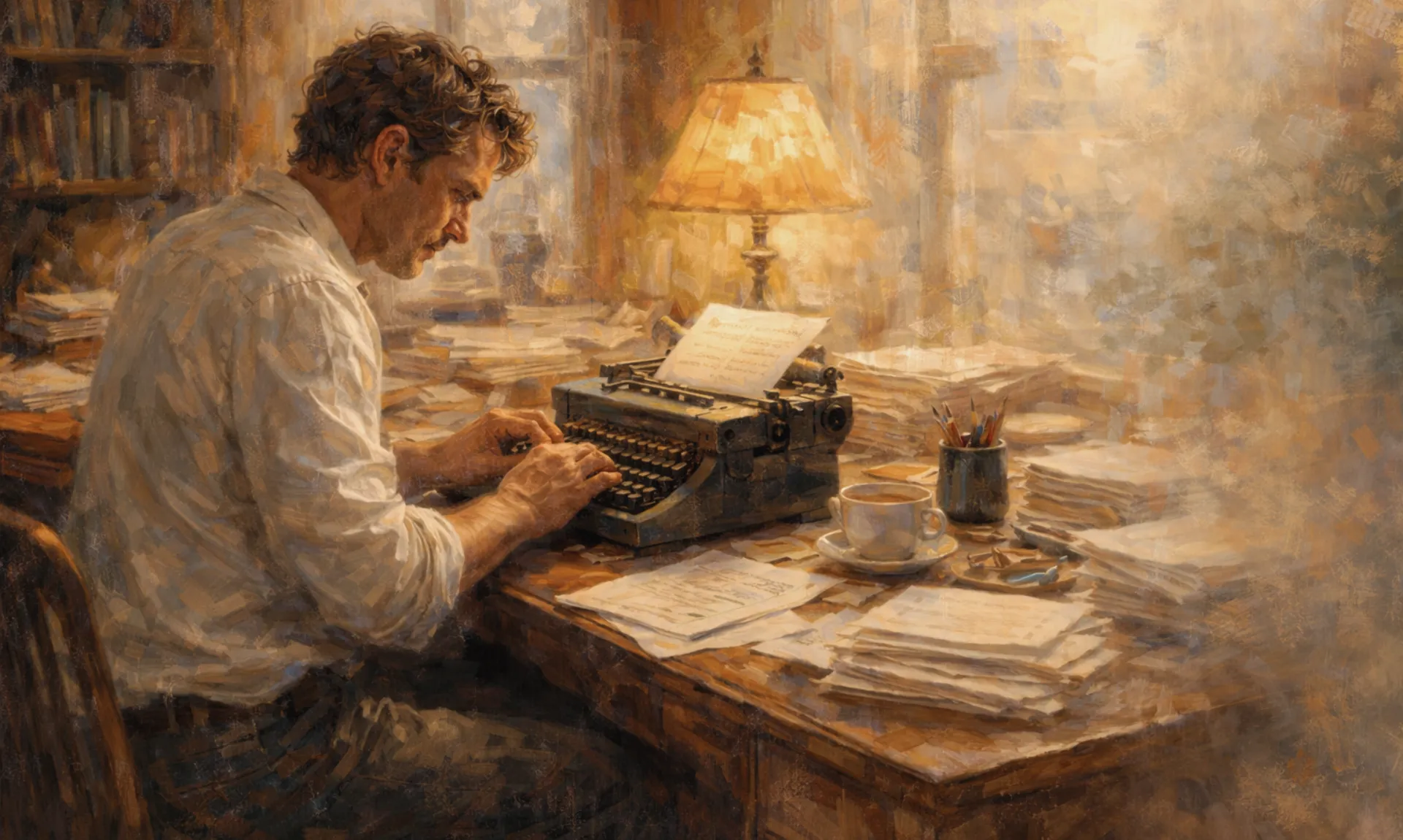 Impressionist painting of a middle-aged writer working at a typewriter on a cluttered desk in warm golden light