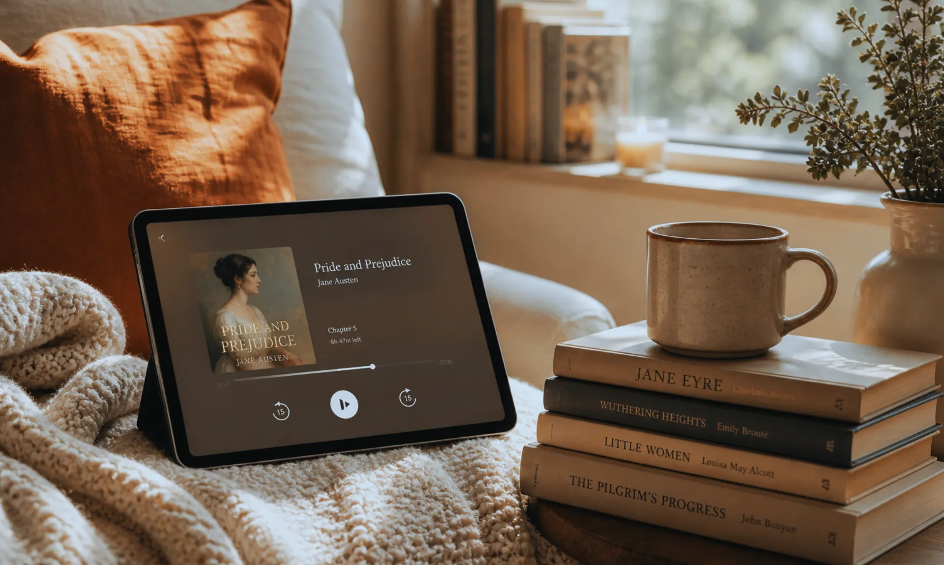 Tablet playing free audiobooks online beside books and coffee