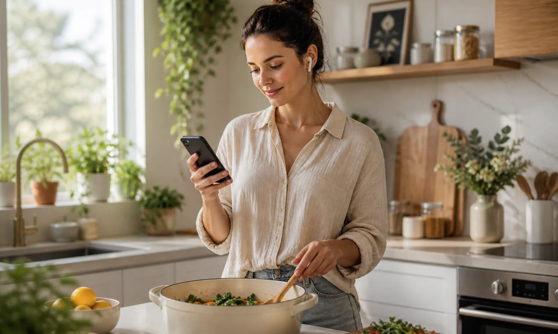 Woman listening to free audiobooks online while cooking