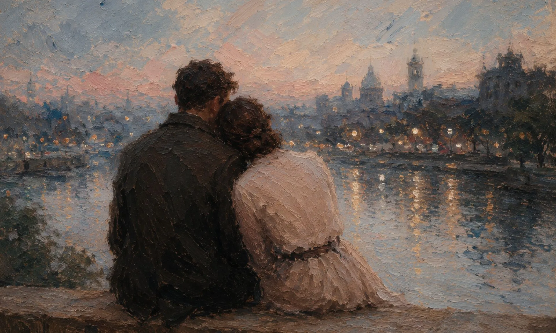 painting of two lovers in twilight