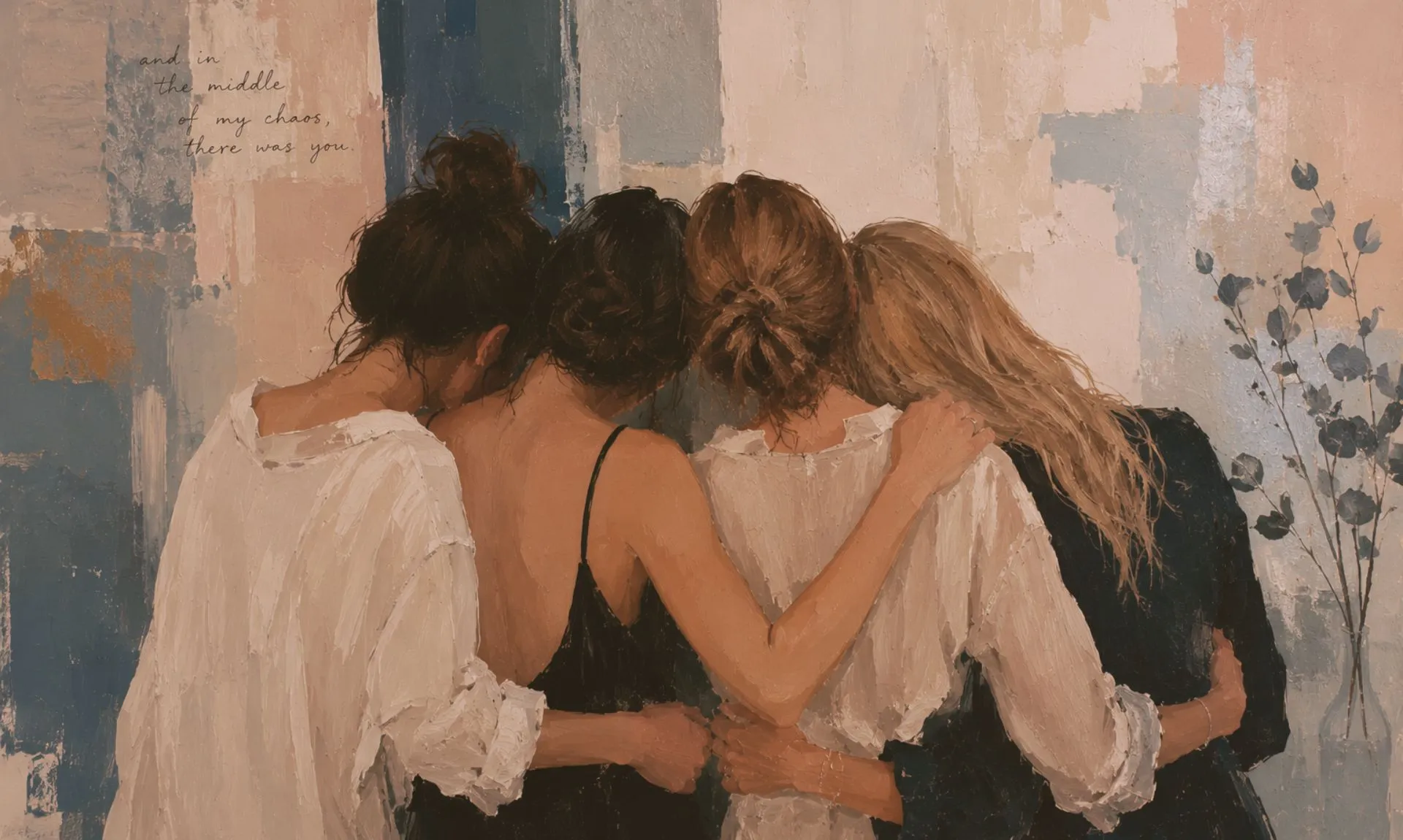 Blue Sisters presented in a painting hugging each other