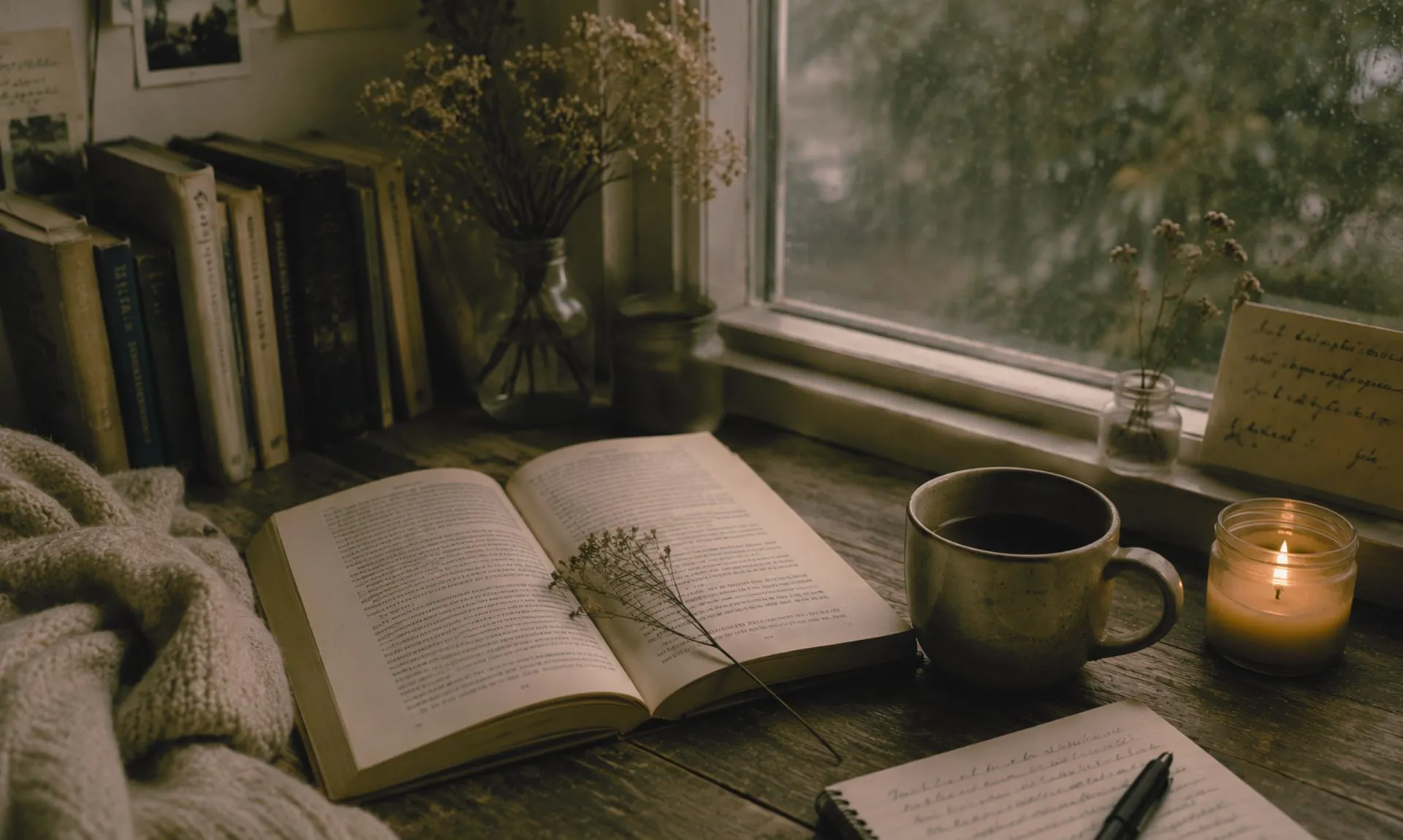 reading a book with a cup of hot tea