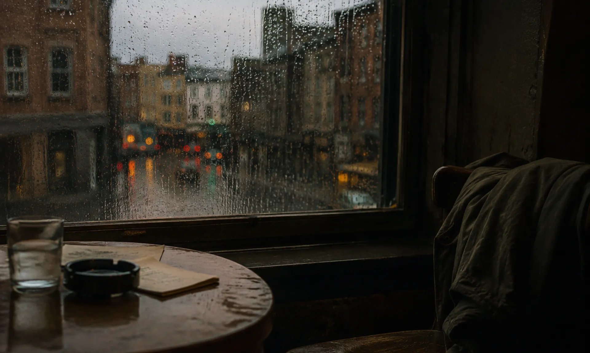 A rain-covered window overlooking a gloomy city street with a small table holding a glass of water, an ashtray, and scattered papers, creating a lonely and melancholic atmosphere reminiscent of the emotional isolation in Acts of Desperation.