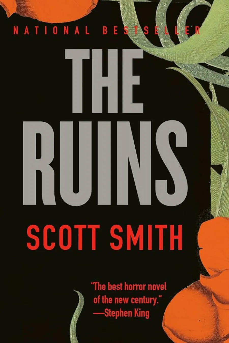 The Ruins by Scott Smith book cover for an ecological horror novel about tourists trapped near ancient ruins by deadly, living vines.