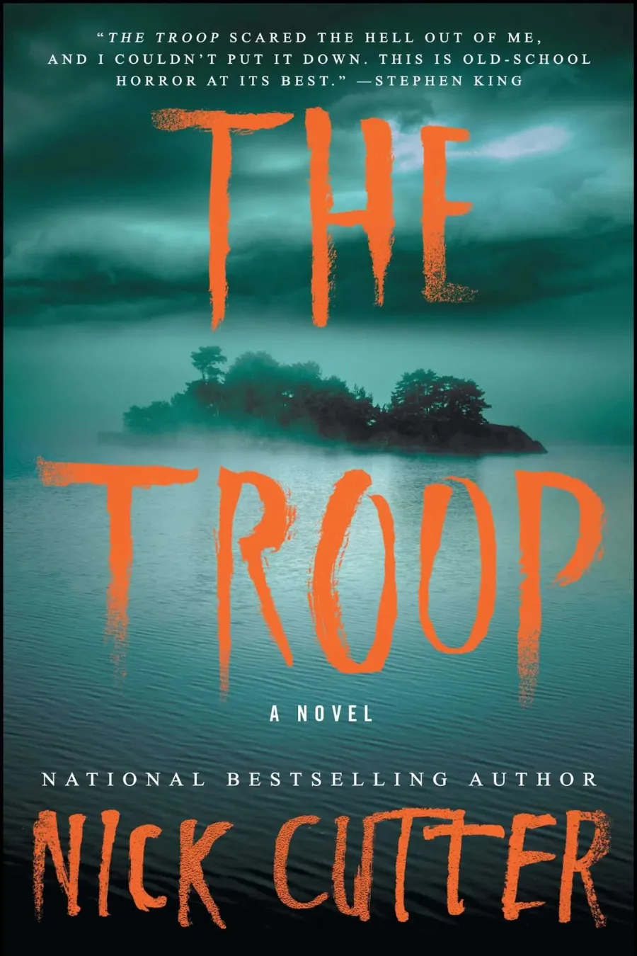 The Troop by Nick Cutter book cover for a survival horror novel about a group of scouts facing a terrifying biological threat on a remote island.